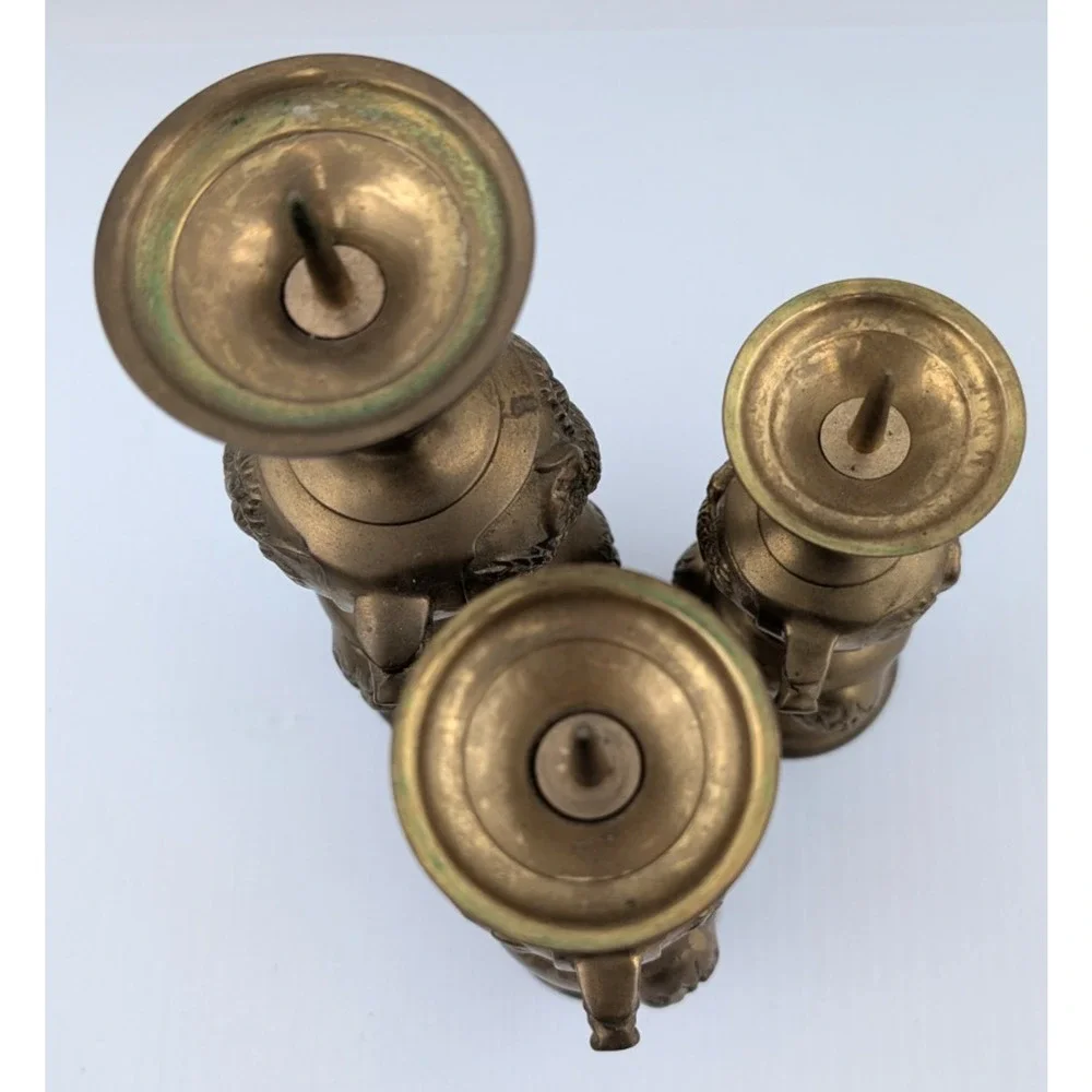Ornate Oriental Brass Candle Holders Set of 3 - Flowers Birds Fu Dogs